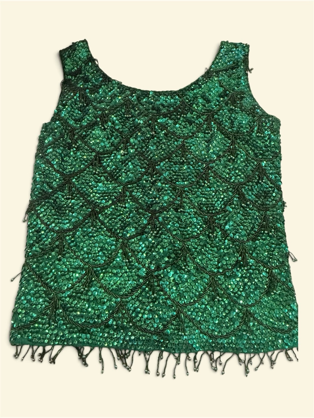 Green Vintage Scalloped Sequined top/rare find!